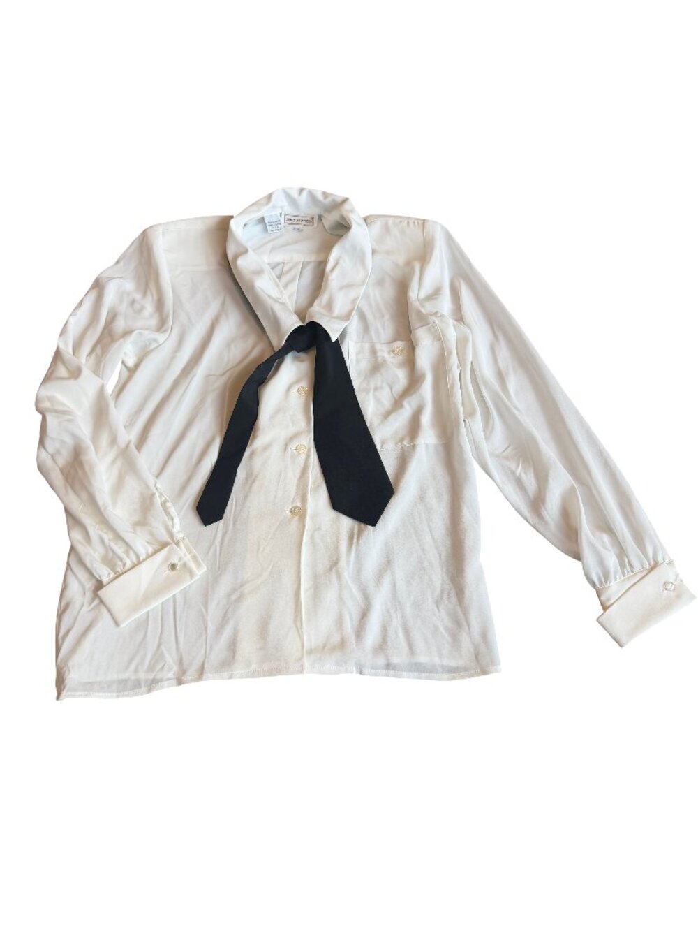 Jones New York White Black Necktie Collar Long Shirt Blouse Point Size 4 Women's